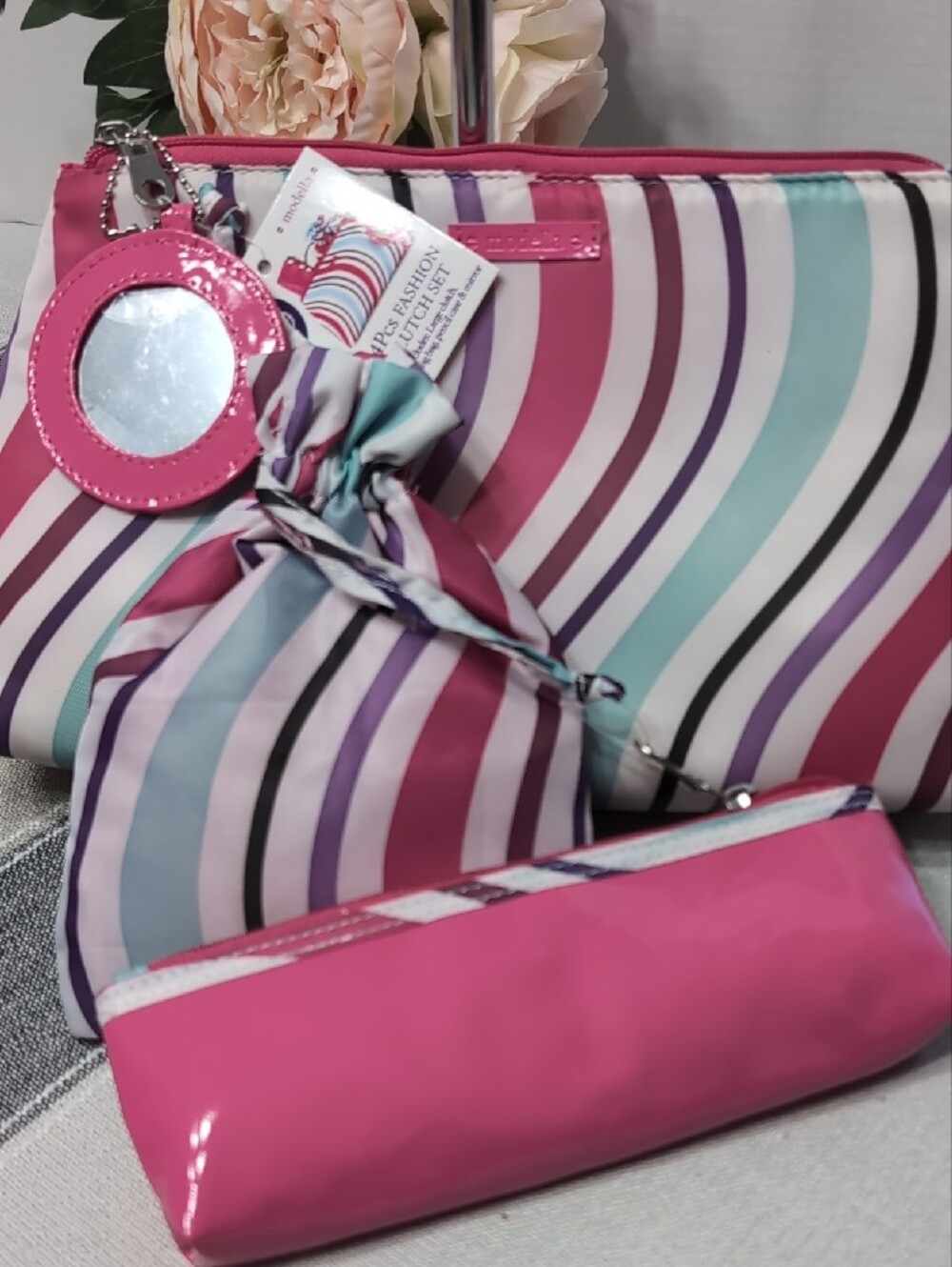 Modella Pink Multi-Stripe 4PC Cosmetic Set